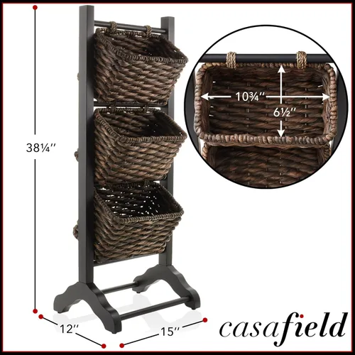 Miniatura 2 de Casafield Soporte de Piso de 3 Niveles con Canastas de Almacenamiento de Jacinta de Agua, Negro/Espresso - Organizador de Pie para Baño, Cocina