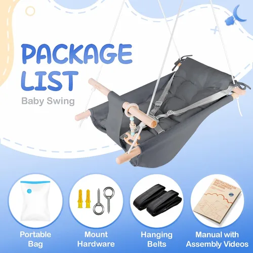 Miniatura 4 de Columpio para bebé interior y exterior, hamaca de lona para bebé a niño pequeño con asiento cómodo, juguete de madera Macaroon, arnés ajustable de 5