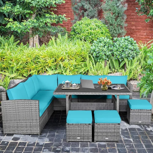 Miniatura 4 de HAPPYGRILL Juego de muebles de mimbre de ratán de 7 piezas, juego de muebles de patio al aire libre con cojines, juego de sofá de ratán con mesa