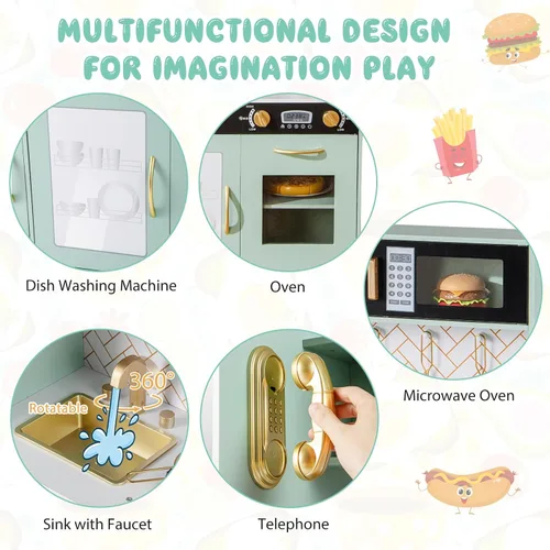 Miniatura 2 de Costzon Juego de cocina para niños, juego de juguetes de cocina de chef de madera grande con sonidos y luces reales, microondas, pizarra, horno