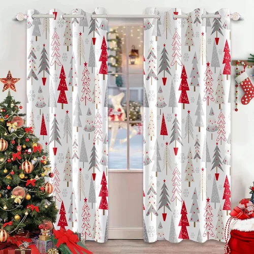 Miniatura 18 de AWERT Cortinas de Navidad con Bolas Vibrantes para Sala de Estar, Cortinas Opacas de Navidad Juego de 2 Paneles, Ojales de Acero Inoxidable Plateado