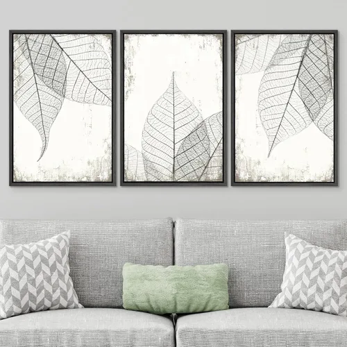 Miniatura 3 de SIGNWIN Lienzo enmarcado para pared, juego de arte de collage de hojas transparentes en blanco y negro, ilustraciones de naturaleza silvestre, arte