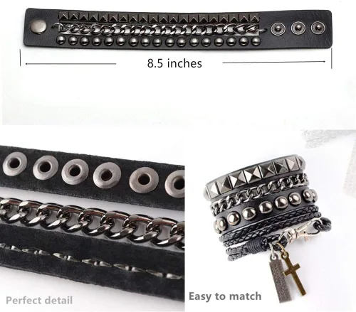 Miniatura 4 de TURTLEDOVE Pulsera de cuero punk - Pulsera de cuero gótico rock con cadena para fiesta