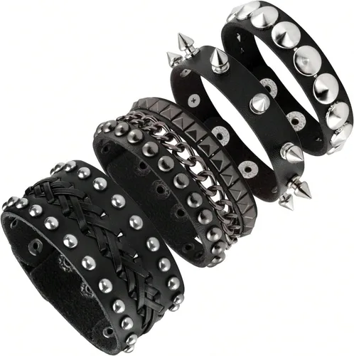 Juego de 3 pulseras de cuero punk para hombres y mujeres, espiga negra, aretes redondos y puños de cadena, pulseras apilables ajustables para punk