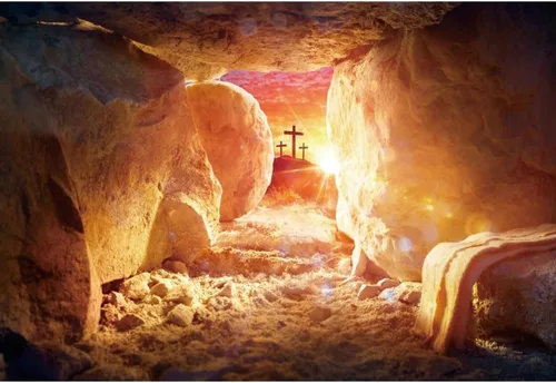 Miniatura 8 de Fondo de fotografía de tumba vacía de 6 x 4 pies, puesta de sol con luz sagrada, tres cruces en la montaña, Jesucristo, agujero de piedra, telón