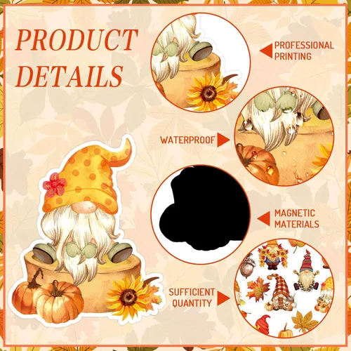 Miniatura 3 de Whaline 16 imanes de gnomo de otoño para refrigerador, calcomanías de imanes de nevera de otoño, hojas de arce, calabazas, forma de gnomo