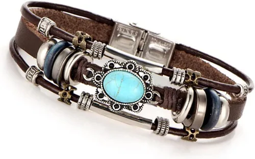 Miniatura 2 de Pulsera de cuero con incrustaciones de turquesa para mujer, pulsera de cuero punk creativa, retro, ovalada, viento, Navidad, cumpleaños, joyería