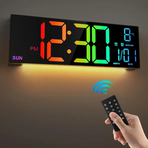 LEIKE Reloj de pared digital grande de 16.2 pulgadas con control remoto, LED grande, alarma dual, 8 colores RGB, brillo automático, fecha, DST Negro