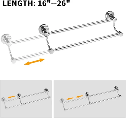 Miniatura 5 de BESy Toallero de baño doble ajustable de 16-26 pulgadas para baño, soporte de toallas de acero inoxidable SUS304, estilo hotel montaje en pared