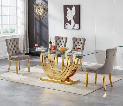Miniatura 25 de Juego de mesa de comedor de cristal dorado moderno de 70 pulgadas para 4, juego de mesa de comedor rectangular de 5 piezas con tres patas de acero