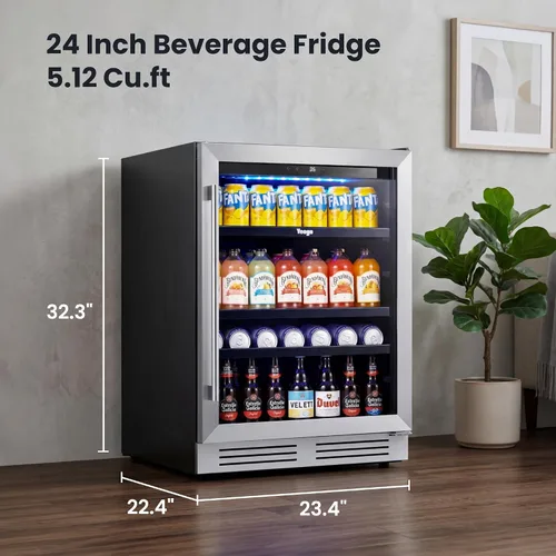 Miniatura 2 de Yeego Refrigerador de bebidas y refrigerador de bebidas, 24 pulgadas, 180 latas, puerta de vidrio, 34-54℉ bajo mostrador, refrigerador integrado