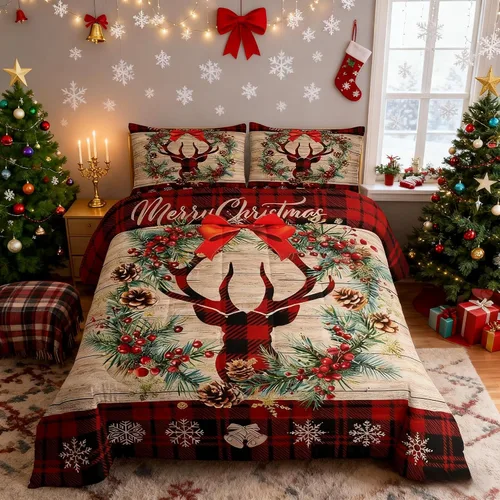 Miniatura 36 de Juego de edredón de Feliz Navidad para niños, tamaño twin, juego de ropa de cama de camión rojo árboles de pino copos de nieve, decoración