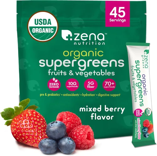 Zena Nutrition Polvo orgánico Super Greens, más de 70 superalimentos, 0 azúcar, fibra 5G, espirulina, clorella, antioxidantes,