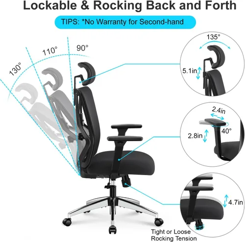 Miniatura 5 de Ticova Silla de oficina ergonómica – Silla de escritorio con respaldo alto con soporte lumbar ajustable, reposacabezas y reposabrazos 3D – Silla