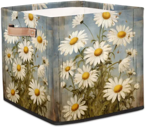 Miniatura 8 de cfpolar Jarrón plegable retro de margaritas de 13 x 13 x 13 pulgadas, cesta de almacenamiento de tela plegable, cubos organizadores de juguetes