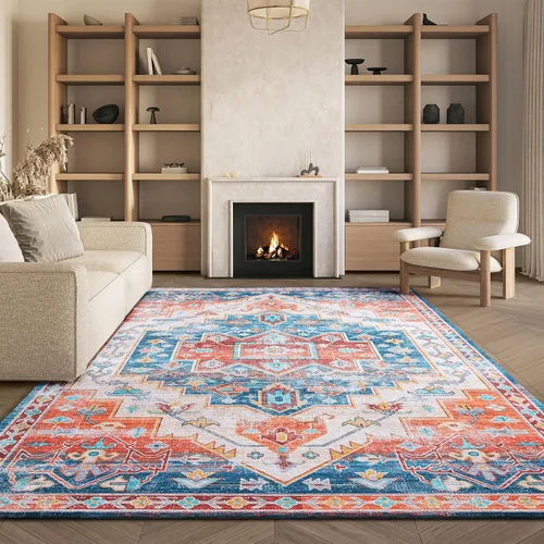 Miniatura 11 de SAFAVIEH Alfombra lavable Tucson Collection - 2 pies 6 pulgadas x 4 pies, azul y al óxido, antideslizante y fácil de limpiar, ideal para sala