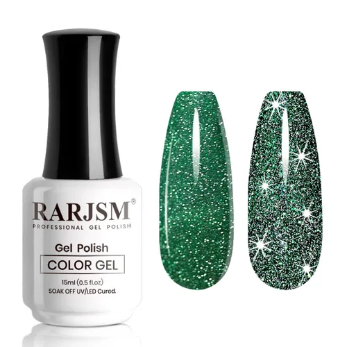 RARJSM Esmalte de uñas de gel con purpurina verde, esmalte de gel reflectante con destellos de purpurina y diamantes, esmalte de uñas de gel