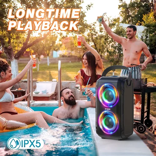 Miniatura 8 de W-KING Altavoz Bluetooth de 80 W con micrófono inalámbrico, altavoz Bluetooth portátil para fiesta, 2 controladores de rango completo/graves