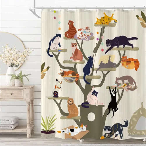 Miniatura 2 de Cortina de Ducha Divertida de Gato Lindo Divertido Árbol de Gato de Dibujos Animados Cortinas de Ducha para Baño Boho Anime Gatitos Niños Granja