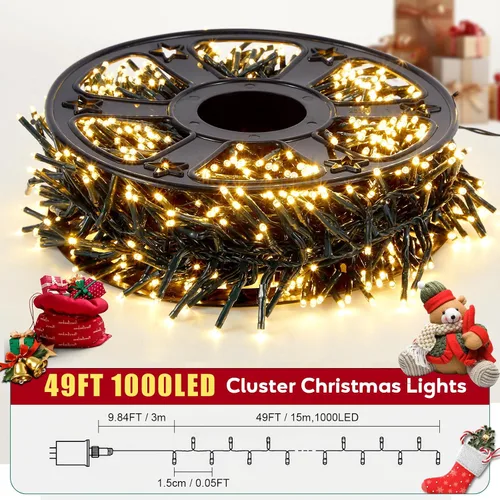 Miniatura 2 de Hishine Luces de Navidad de 49 pies, 1000 luces LED para exteriores, tira de luces para interiores, 8 modos, impermeable, enchufable, luz de árbol
