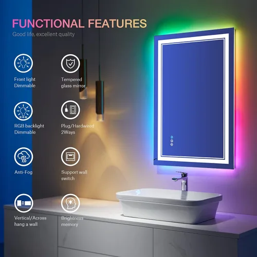 Miniatura 2 de Espejo de baño LED, 20 x 28 pulgadas, montaje en pared, antivaho y retroiluminación RGB, con iluminación frontal
