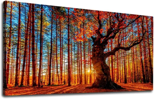 Arte de pared de bosque grande, bosque y puesta de sol, lienzo, cuadros de hojas rojas, paisaje, lienzo, obra de arte contemporánea de naturaleza