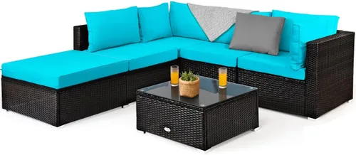 Miniatura 29 de Tangkula Patiojoy - Juego de muebles de ratán de 7 piezas, juego de conversación al aire libre con cojines y mesa de centro de vidrio templado