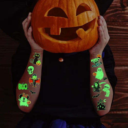 Miniatura 3 de 160 tatuajes temporales de Halloween, tatuajes que brillan en la oscuridad, impermeables, luminosas, tatuajes, diseños de calabaza, esqueleto