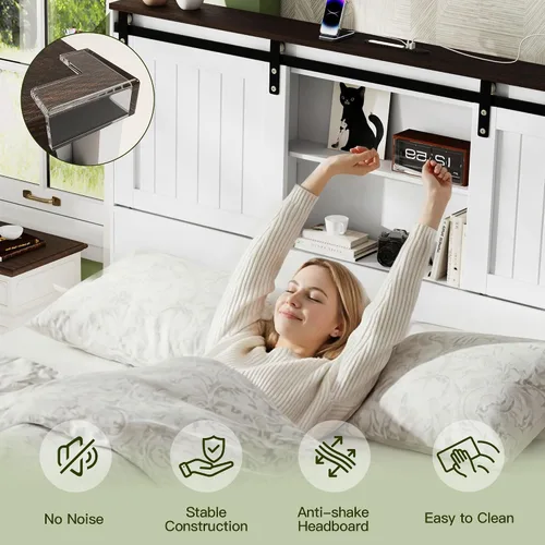 Miniatura 6 de Base de cama tamaño Queen con almacenamiento, puerta corrediza de granero, cama de plataforma de madera de granja con luz de lectura y estación