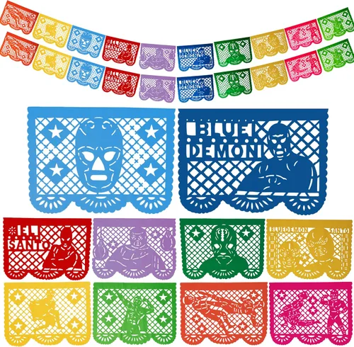 Miniatura 12 de Papel Picado de 16 pies, pancarta mexicana, pancarta de plástico Lucha Libre, decoraciones de pancarta mexicana, suministros de fiesta de Luchador