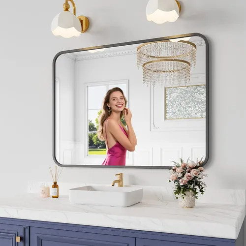 Miniatura 36 de Koonmi Espejo de baño, 30 x 30 pulgadas, espejo con marco de metal negro para baño, vidrio templado, antioxidante, espejo rectangular redondeado
