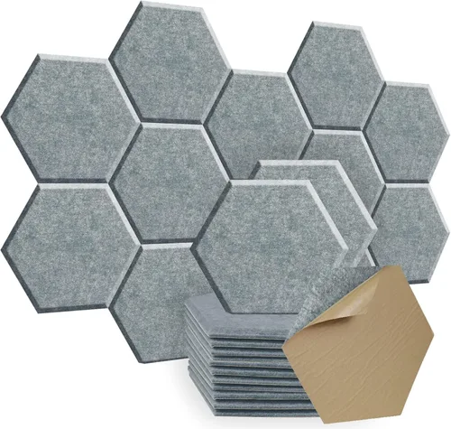 Miniatura 8 de SHJADE Paneles acústicos hexagonales autoadhesivos, paquete de 12 paneles acústicos de 12 x 10 x 0.4 pulgadas, azulejos de cuña insonorizados