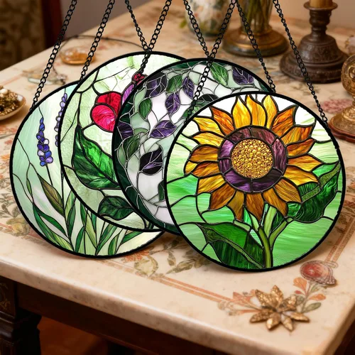 Miniatura 2 de Juego de 4 piezas para colgar vidrieras, rosas rojas, girasoles amarillos, 6.3 pulgadas, atrapasoles de flores, puerta de jardín, decoración