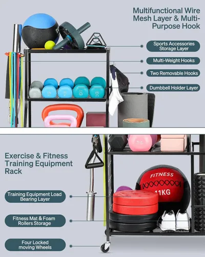 Miniatura 3 de AHOWPD Estante de pesas para gimnasio en casa, estante de almacenamiento para esterilla de yoga, estante de almacenamiento para mancuernas y pesas