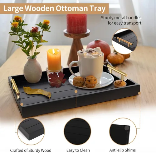 Miniatura 2 de SXNOWS Bandejas de mesa auxiliar, bandeja otomana grande para sala de estar, bandeja de madera para servir con 2 juegos de asas, bandeja de madera