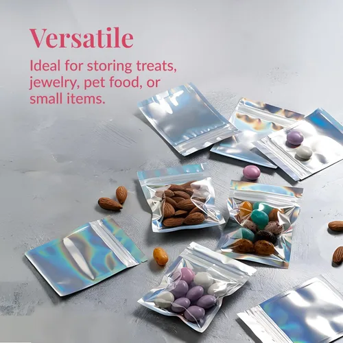 Miniatura 6 de Prestee Bolsas pequeñas de Mylar de 3 x 4 – 100 piezas holográficas resellables para almacenamiento de alimentos, a prueba de olores, ideales