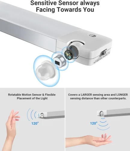 Miniatura 2 de Lyridz Luces recargables para debajo del gabinete con sensor de movimiento ajustable de 90 grados, luces LED inalámbricas de armario de 1500 mAh