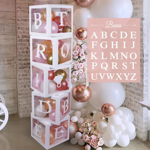 Miniatura 9 de 101 piezas de decoración de despedida de soltera de vegetación, cajas de globos doradas, bloques con BRIDE TO BE + GROOM + letras A - Z y 40 globos