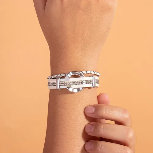 Miniatura 2 de FANCY SHINY Pulsera de cuero con diamantes de imitación circular, apilable, multicapa, con cierre, joyería bohemia, regalo para mujer