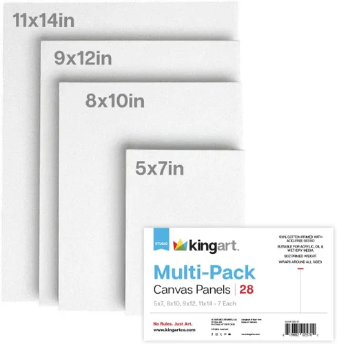 Miniatura 12 de KINGART 833-28 Paneles de lienzo estirados, 100% algodón, triple imprimado, para acrílico, óleo y medios mixtos, blanco, mini surtido, paquete de 28