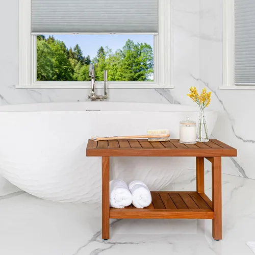 Best Home Fashion Mesa de banco de ducha de teca con estante, mesa auxiliar grande para baño y spa, 14 pulgadas de ancho x 30 pulgadas de largo x 18