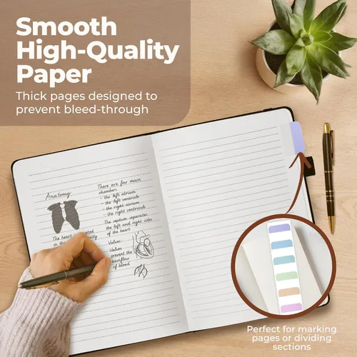 Miniatura 7 de Cuaderno clásico con líneas de 8.5x11" A4 tapa dura de cuero - Negro - 200 páginas con rayas universitarias grande con pestañas adhesivas, bolsillos