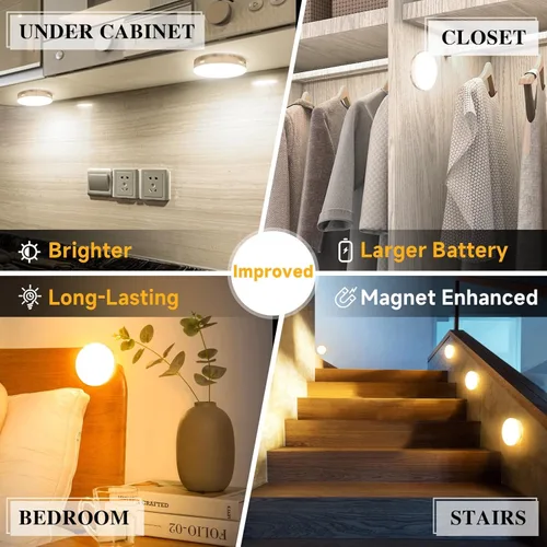 Miniatura 2 de Luz de sensor de movimiento LED recargable mejorada para interiores, batería brillante y duradera, luces de disco adhesivas con sensor de movimiento