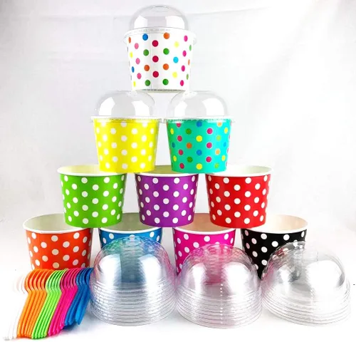 Worlds Vasos de papel para helado con tapas de cúpula sin agujero y cucharas de plástico, lunares de 16 onzas, mezcla de 25 unidades Mezcla de 16
