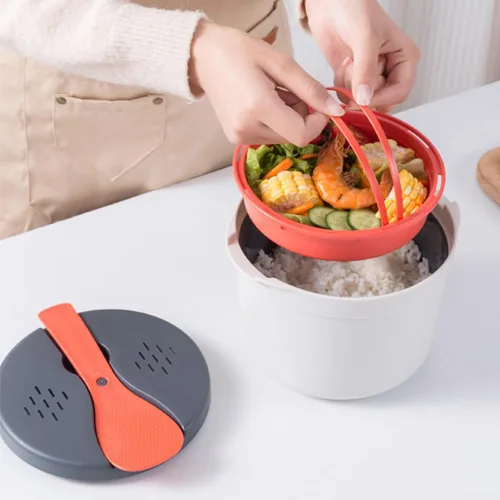 Cocedor de arroz para microondas, olla para pasta con colador, juego de utensilios de cocina para microondas de 2 L para arroz, pasta, verduras,