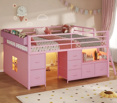 Miniatura 12 de ADORNEVE Cama baja tipo loft tamaño individual con 7 cajones de almacenamiento, estantería y luces LED, cama alta de metal para niños con barandilla