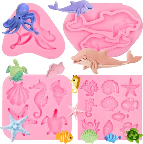 Miniatura 10 de Moldes de chocolate de pescado, tiburón marino, coral, moldes de silicona para dulces, moldes para hornear fondant con temática de mar