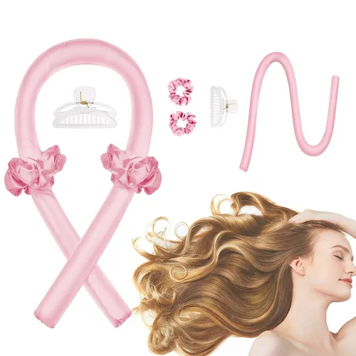 CORATED Diadema de varilla de rizado sin calor, rulos de cinta de seda sin calor para rizos de noche, kit de peinado con pinzas para el pelo y Rosa