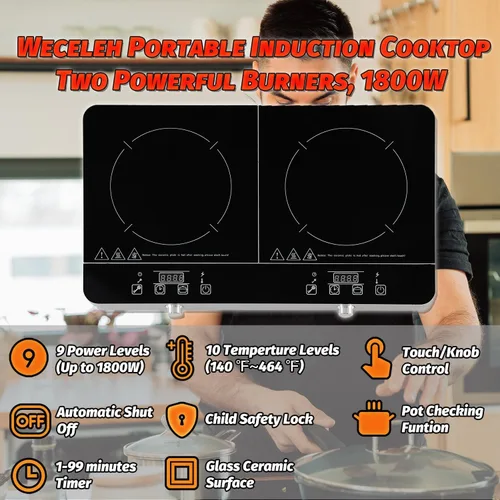 Miniatura 2 de Placa de cocción portátil de doble inducción, estufa eléctrica de 2 quemadores de 1800 W, encimera de encimera, placa caliente, quemador