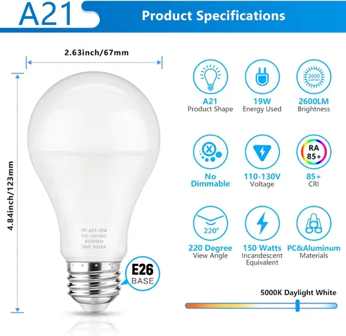 Miniatura 5 de Bombillas LED Maylaywood A21, bombilla LED equivalente a 150 W, luz diurna blanca 5000K, 2600 lm, base E26, no regulable, bombilla LED blanca